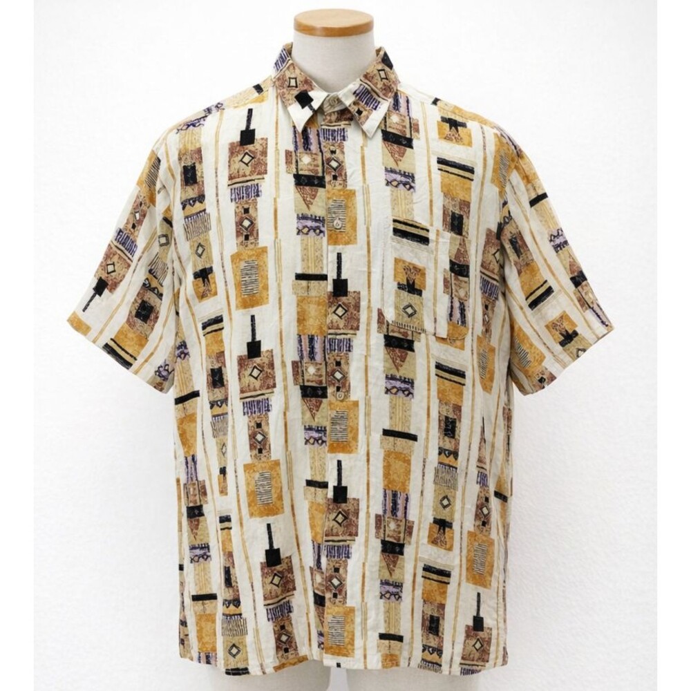 VTG Carven Shirt Men XL Brown SS Linen Southwestern Cowboy Festival Graphic AOP